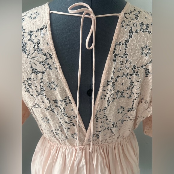 Aakaa Womens Juniors Sz A Mini Lace Boho Pale Pink  V-Neck Kaftan Mini Dress - Picture 6 of 16
